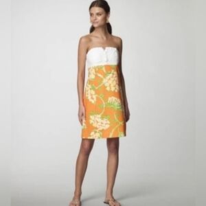 Lilly Pulitzer Bowen Strapless Shift Dress Orange Floral White Eyelet Size 2